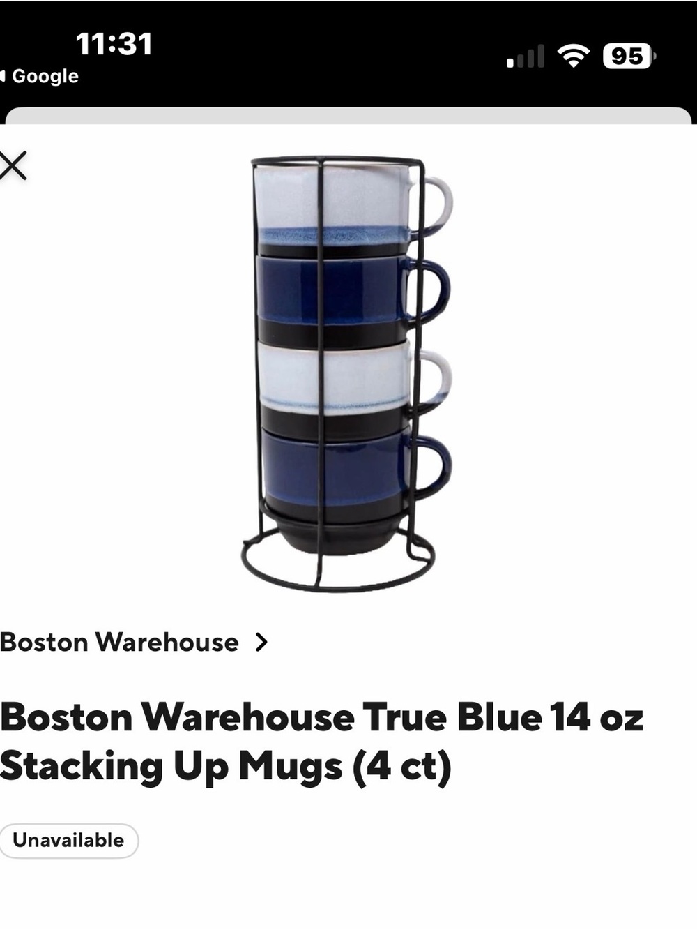 Boston Warehouse Blue and White Stackable Ceramic Mugs with Black Metal Rack